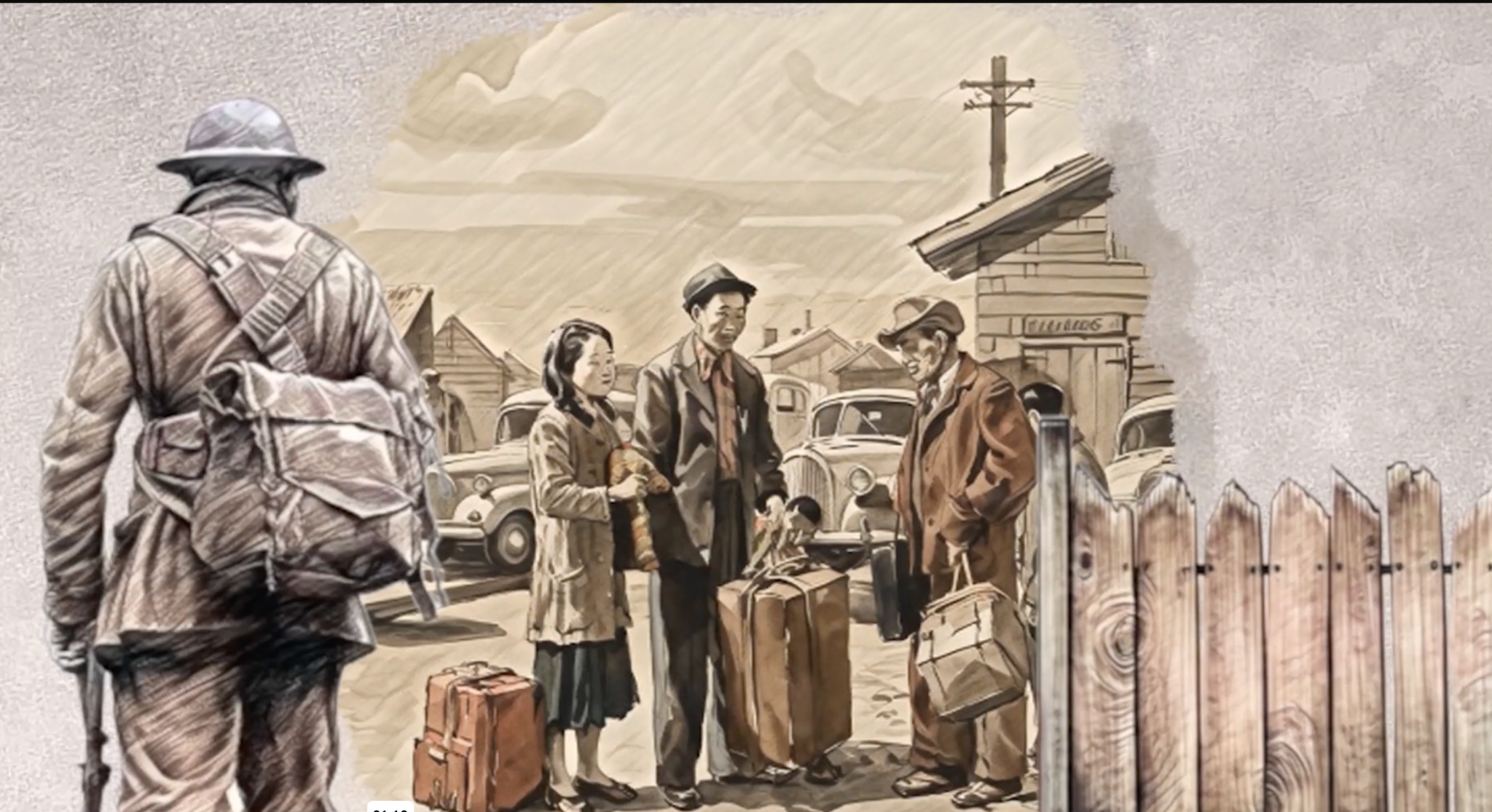 Illustration of a Japanese American family carrying luggage under a soldier’s watch in Removed by Force
